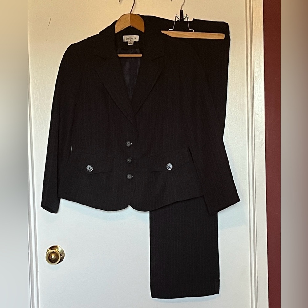 Vintage Isabella Designer Navy Pinstripe Blazer and Straight Leg Trousers